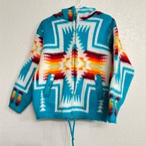 Imbawool  Knit Hooded Cardigan Aztec Tribal Print Turquoise Western Boho